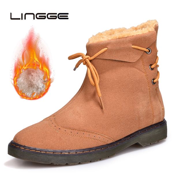 

lingge men winter plush snow boots male lace up ankle strap ankle boots super warm solid flat booties winter shoes for men, Black