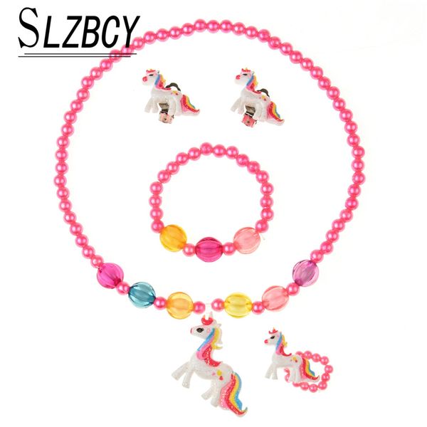

4 pcs/set unicorn children jewelry set women cute simulated pearl acrylic necklace ear clip ring elastic bracelet kids jewelry, Silver