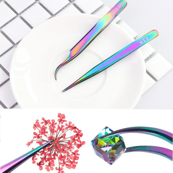 

1pcs nail art tweezers straight curved chameleon stainless steel picker rhinestones beads eyelashes eyebrow manicure tools jit, Silver