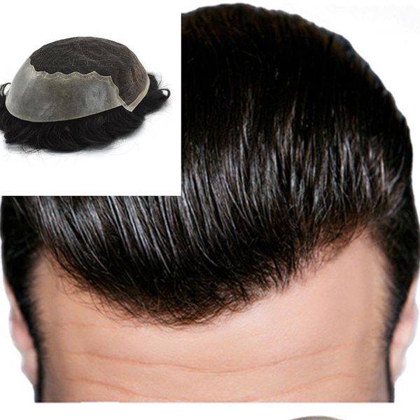 

Швейцарский шнурок с кожей Toupee Q6 Base Men Toupee Human Remy Hair 8 * 10 дюймов # 1B Мужские шиньоны Различные системы замены цвета для мужчин