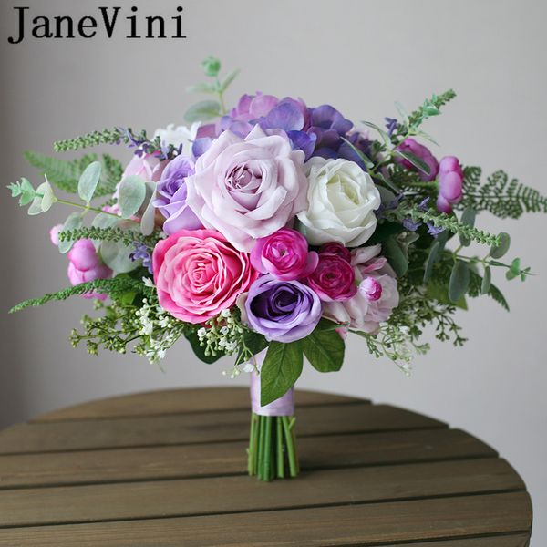 Acheter Janevini Romantique Mariée Bouquet De Mariage Fleurs Lilas Pourpre Rose Soie Artificielle Bouquet De Mariée Point Western Broche De Mariage