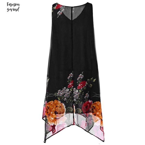

summer dress women floral print dress sleeveless boho style short beach dress casual irregular chiffon hem vestido, Black;gray