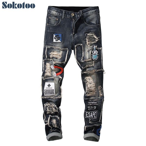 

sokotoo men's patchwork ripped embroidered stretch jeans trendy holes patches design slim straight denim pants, Blue