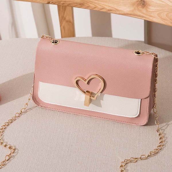 

women chain shoulder bag heart shaped lock contrast color messenger bag ladies chain small square sac main #t10