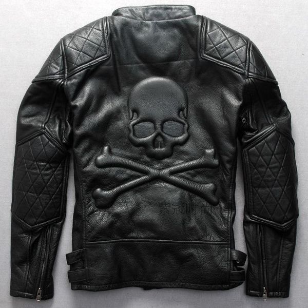 

relief skulls pattern motorcycle jacket black cowskin stand collar oblique zipper cool genuine leather jacket biker suits male