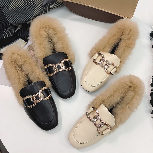 

metal chains leather flats winter loafers women shoes winter warm mules celebrity fur flat creepers soft heel moccasins mujer, Black