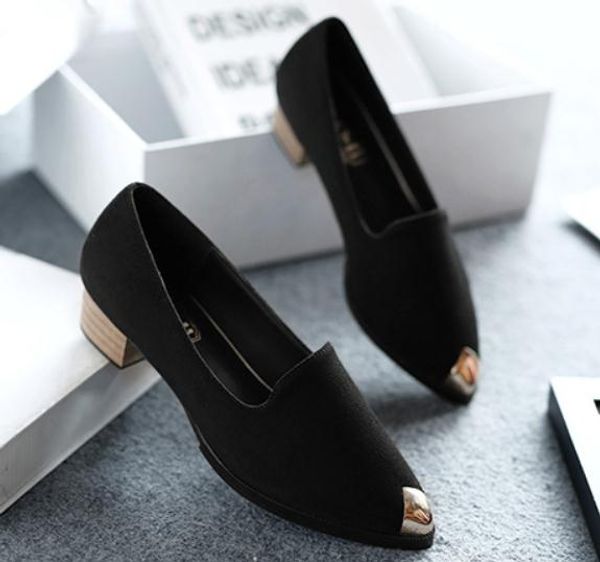 

2019 women's shoes in spring and autumn with new style middle heel coarse heel pointed end suede @34, Black