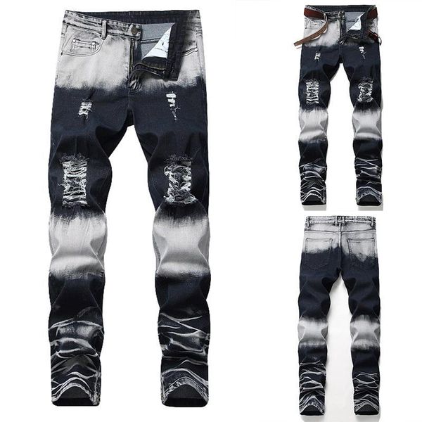 

mens jeans fashion casual style pants large size retro patchwork hole male ripped jeans pants asian size, Blue
