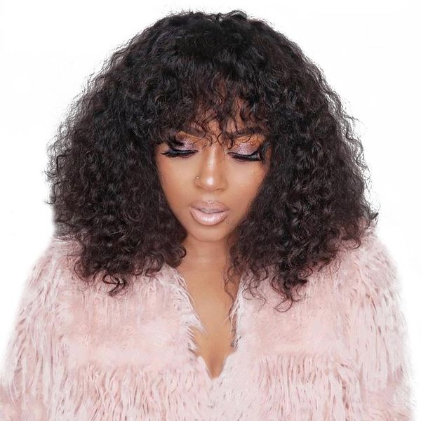 

13x6 вьющиеся парик фронта шнурка с челкой 150 плотность короткие боб парики человеческих волос для женщин черный бразильский парик шнурка п, Black