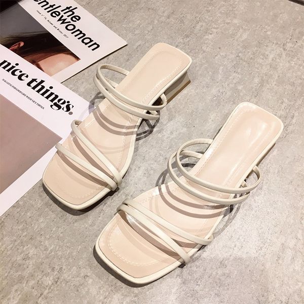 

beige slippers women 2020 summer fashion lady shoes green slip on sandals slides female sqaure heels open toe black slippers