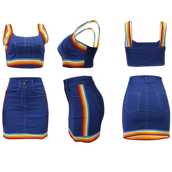 

two piece dress 2pcs women rainbow suit tacksuit denim striped tank bustiers corsets crop night club high waist mini pencil skirt, White