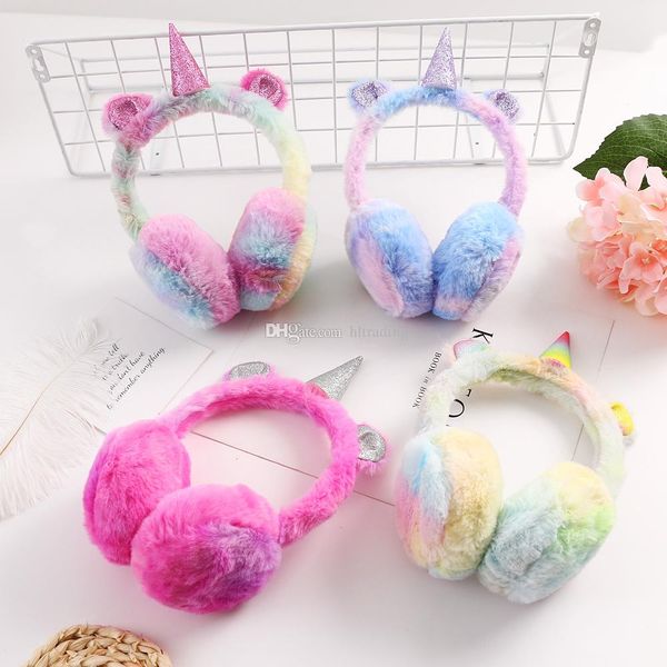 Kids Winter Plush Earmuffs Cartoon Rainbow Unicorn Ear Warmers Fluffy Cute Cat Ear Muffs