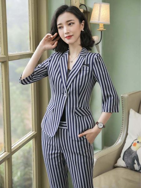

women's suit 2019 autumn new fashion temperament casual striped single button small suit trousers two-piece, White;black