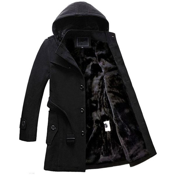 

winter mens hooded wool coat men single breasted thicken velvet warm long overcoat male long woolen trench jacket 4xl plus size, Black