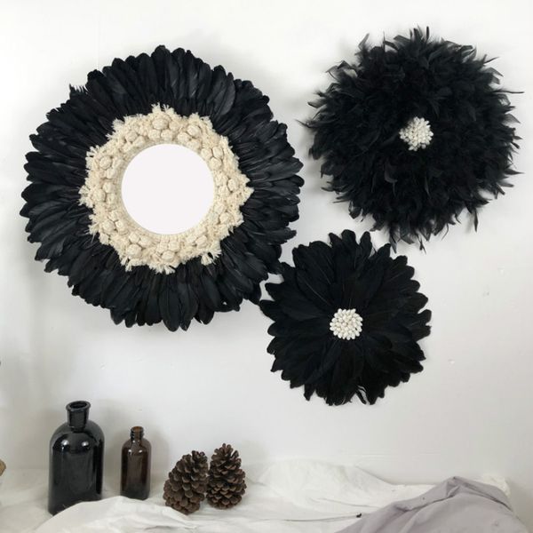 

3 pcs hand-woven macrame feather mirror wall hanging wall nordic porch creative living room sofa b&b decor headboard boho decor