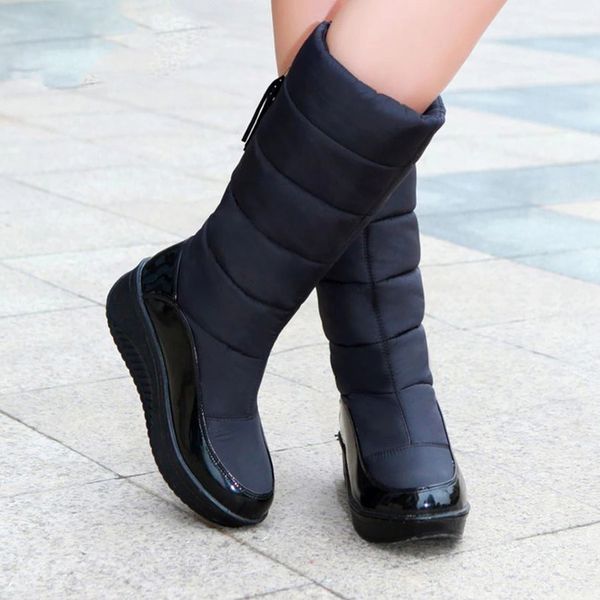 

snow boots women winter warm platform fur fringe shoes wedges heels knee high boots women leather boots women shoes, Black