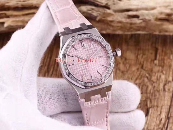 

7 colors wristwatches fashion royal oak 67601st.zz.d057cr.01 6762 6765 33mm diamond leather mechanical automatic ladies women's watches, Slivery;brown