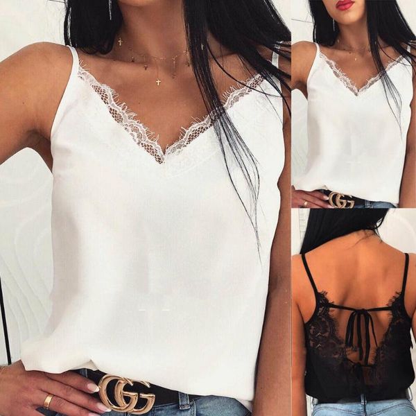 

hirigin женщины сексуального сатин lace лоскутной vest top рукава backless бинты camis отдых tank tops нового, White