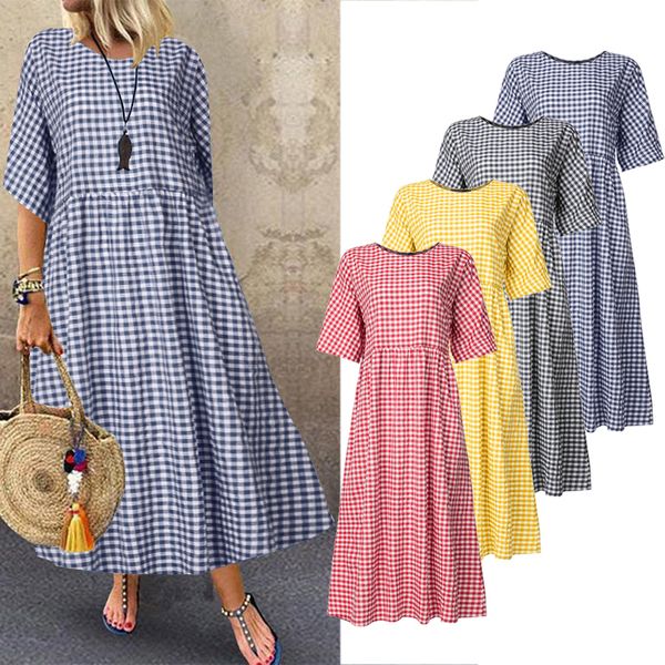 

zanzea 2019 printed maxi dress bohemian women's summer sundresso neck short sleeve vestido female casual robe femme oversized, Black;pink