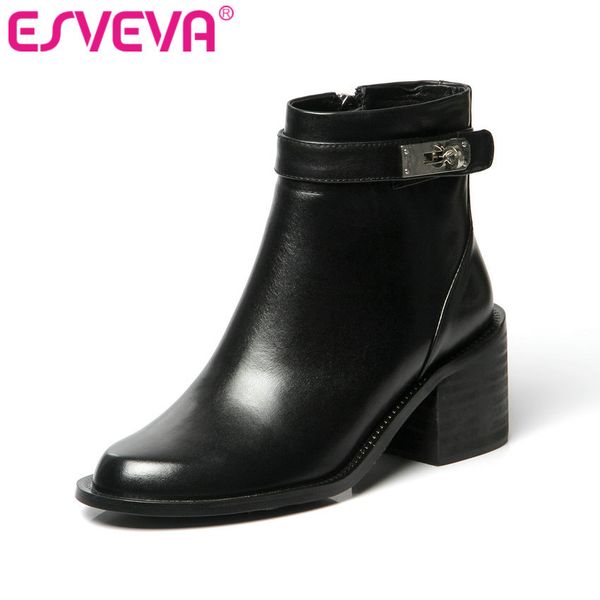 

esveva 2020 women shoes winter ankle boots round toe genuine leather zipper high heel motorcycle platform boot size 34-40, Black