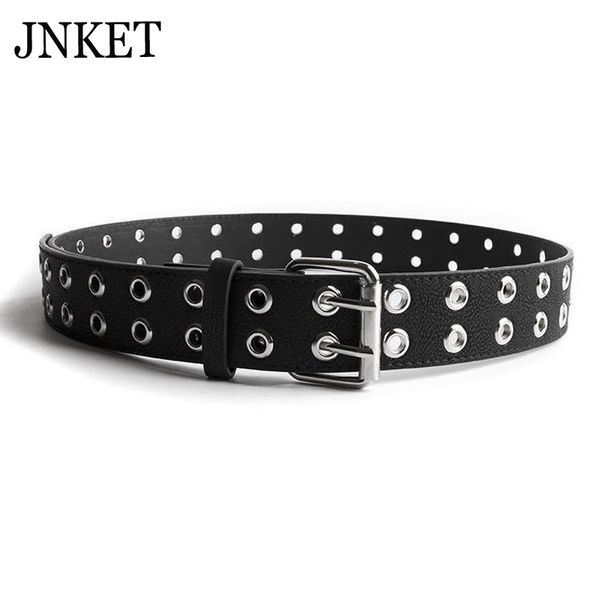

jnket punk double pin buckle men's belt grommet rivets waist belt pu leather waist strap fashion casual jeans rock, Black;brown