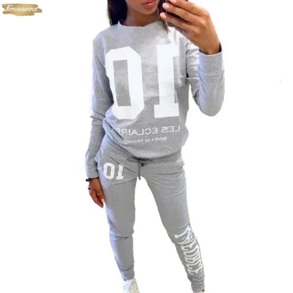 

women woman sweatshirt set long sleeve number 10 letter print and pants tracksuit conjunto feminino, White