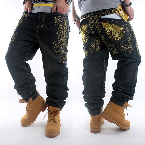 

2017new hiphop black mens jeans hip hop gold embroidery loose baggy style boy denim pants men male jeans trousers plus size30-42, Blue