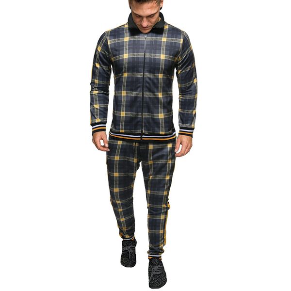 

new colorful plaid men casual zipper set autumn tracksuit male sweatshirt pocket fashion running jackets men tracksuit sets, Gray