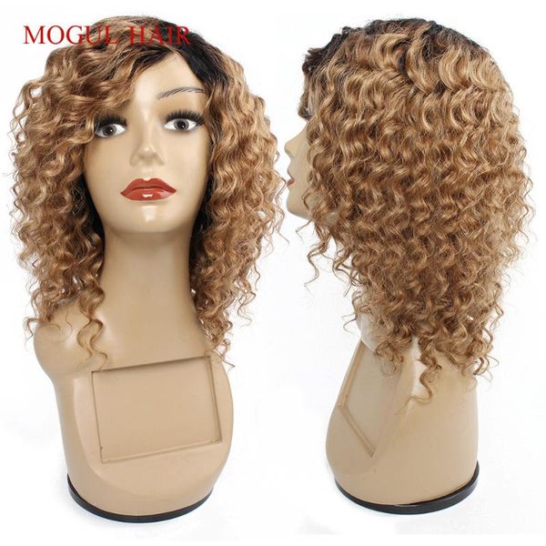 

mogul hair human hair wigs machine made wig ombre honey blonde 1b 27 deep wave short style brazilian non-remy, Black;brown