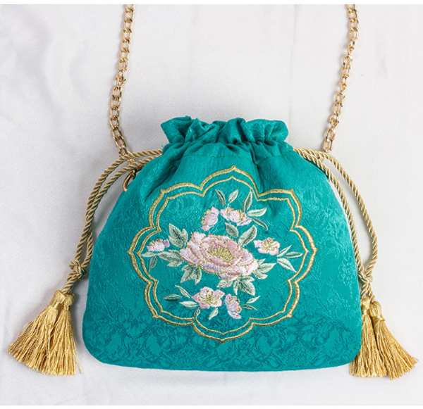 

angelatracy 2020 new arrival floral gingko embroidery plant bamboo drawstring chain women cross body girl shoulder bucket bag
