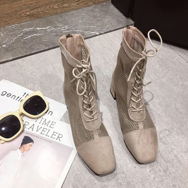 

2019 autumn new women booties square toe low heels booties ins fashion women ankle boots nude black lace up boots