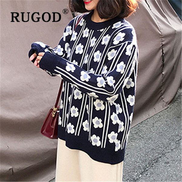 

rugod female woman sweater o neck floral pattern loose thick knitted pullover winter warm sweater pull fashion chic korean, White;black