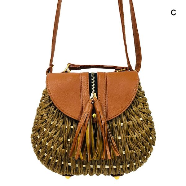 

bags for women 2019 personality color-blocked tassel concise casual retro zipper straw shoulder bag