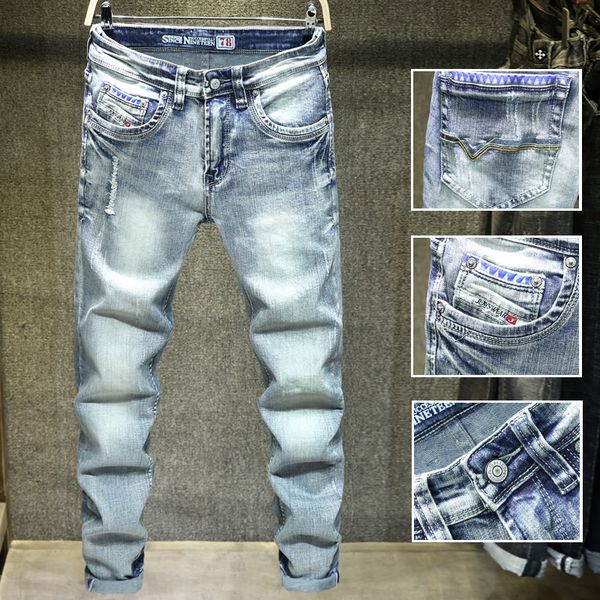 

newbalmainmens distressed ripped biker jeans slim fit motorcycle biker denim for men fashion designer hip hop mens jeans diesel luxury jeans, Blue