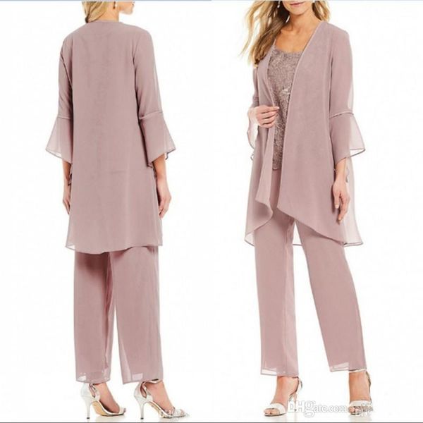 Rose Pink Mutter der Brauthosen Anzüge Chiffon Mutter der Braut mit Jacke Lady für Hochzeitsfeier Braut Abend Wear223p