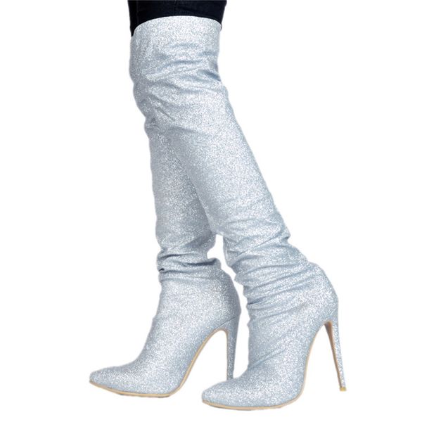 

botas feminina plus size 45 sliver high heel pointed toe long thigh high boots glitter botines stretch overknee boots woman shoe, Black