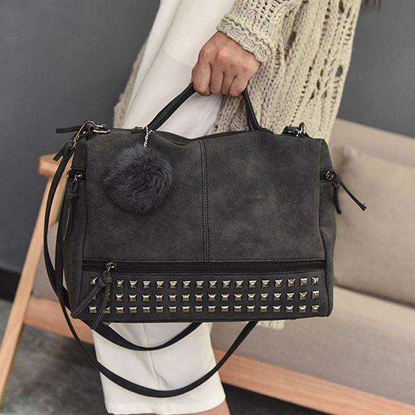 

fashion vintage nubuck leather ladies handbags rivet larger women bags hair ball shoulder bag motorcycle messenger hand bag