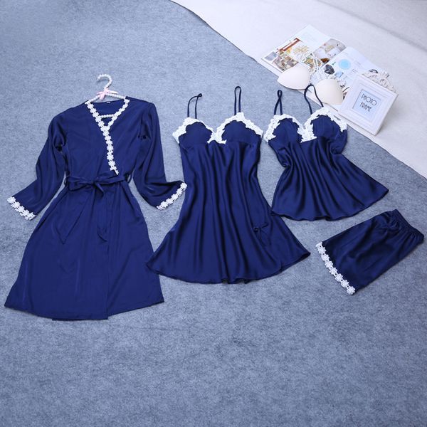 

ladies silk satin robe+gown+pyjama set 4 pieces lace bathrobe nightdress sleepwear set summer spring nightwear for women, Blue;gray