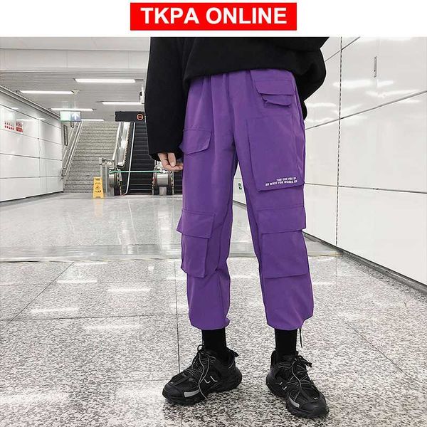 

men streetwear cargo pants 2020 overalls mens baggy hip hop joggers pants pockets harem purple sweatpants korean, Black