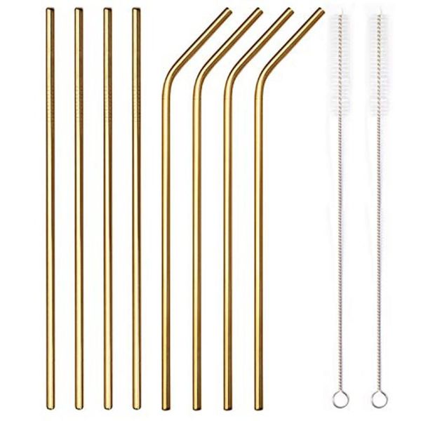 

portable 304 stainless steel straws gold-plated edge closed smooth straw drink straight straw 8pcs set