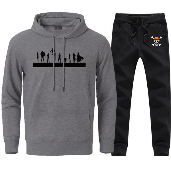 

luffy one piece print hoodies sweatshirts man winter warm fleece outwear sportswear sweatpant sets 2020 men fashion cartoon suit, Black
