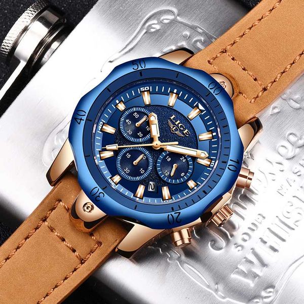 

lige new mens watches blue quartz watch men casual leather waterproof sport wrist watch relogio masculino, Slivery;brown