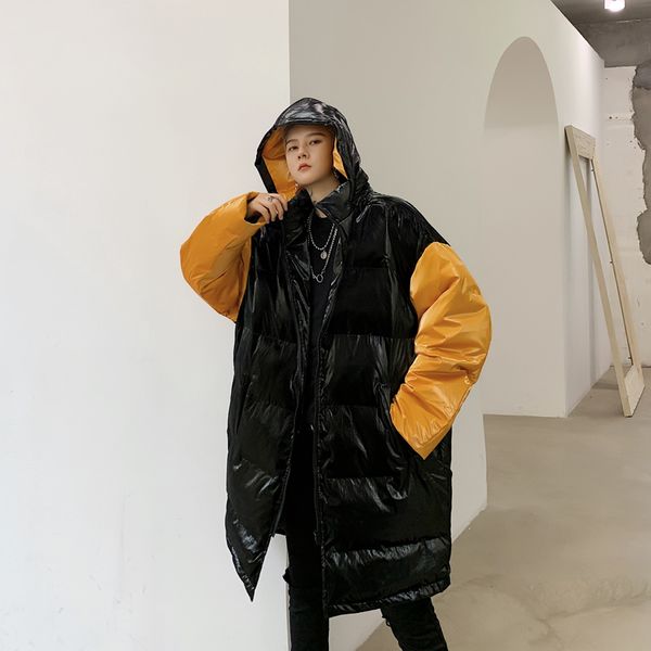 

winter long coat men's fashion parka men contrast color casual hooded coat man streetwear loose hip hop jacket male clothes, Black