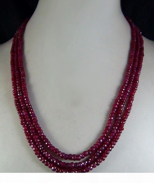 

new 2x4mm natural ruby faceted beads necklace 3 strand, Silver