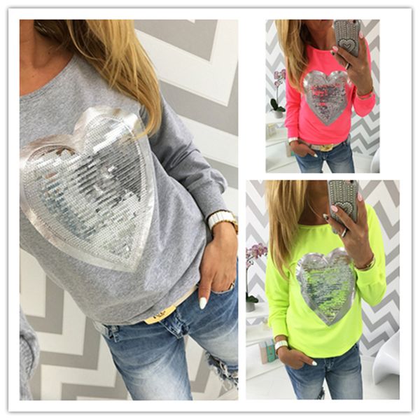 

2016 fashion autumn t shirt women heart sequin round neck heart shape blusa long sleeve woman shirts ladies tshirts tee, White