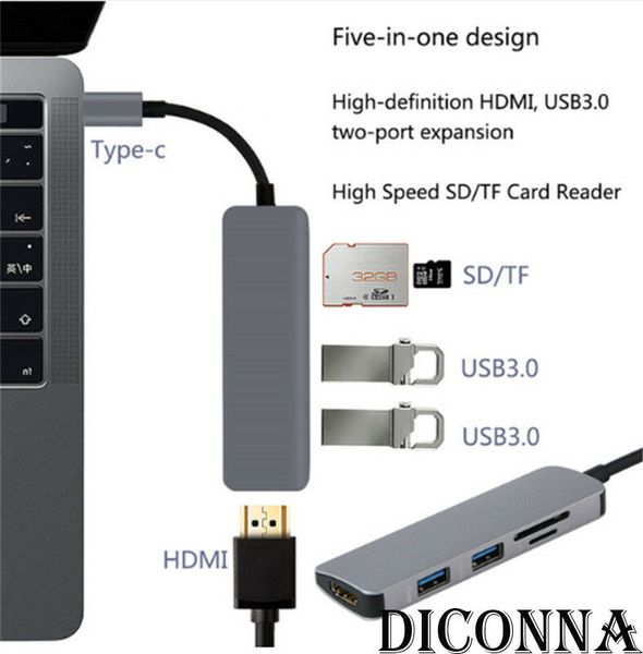 

5 in 1 usb-c type c hub expander type-c usb c hub 5 in1 usb-c to 4k hdmi usb 3.0 sd tf card reader adapters converters