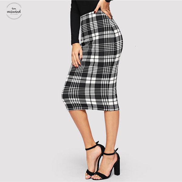

and white fitted plaid skirt women knee length elegant skirts womens ol work pencil bodycon autumn midi skirt, Black