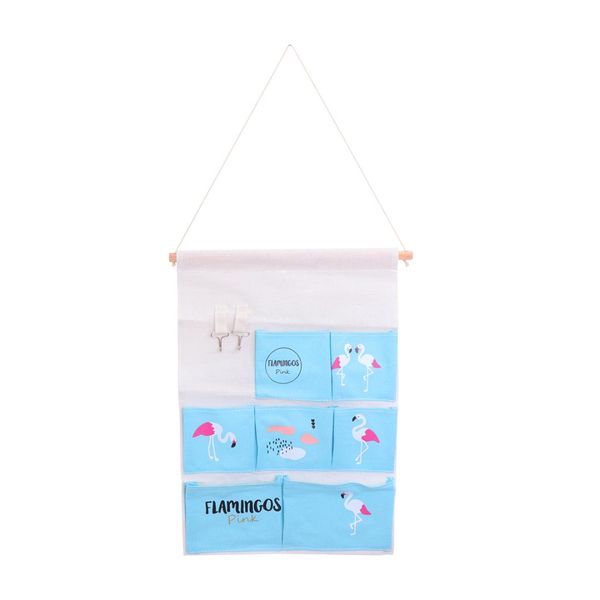 

linen cotton wall muitiple pockets storage bag cute door back hanging sundries cloth organizer for home decor (blue flamingo