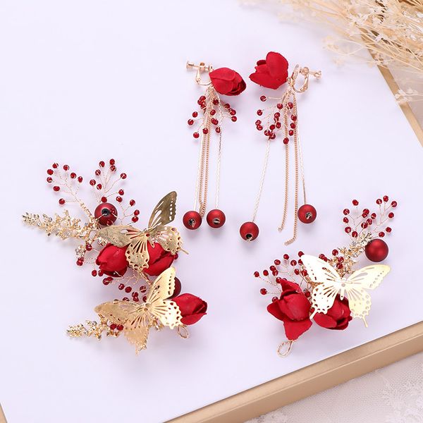 

vintage women butterfly jewelry sets wedding hair accessories red fabric flower headband bridal tiaras and crown earrings set xh, Slivery;golden