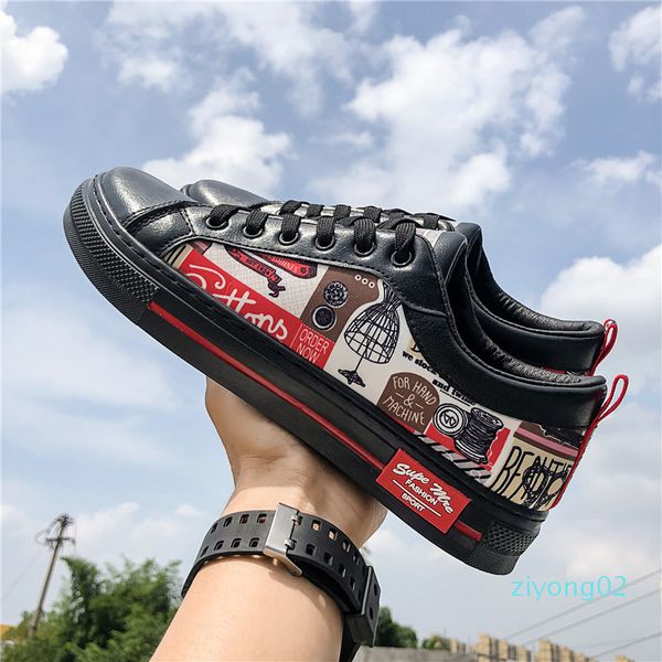 

men hip pop board shoes rugged casual faux leather doodle skater shoes fashion fu skate sneakers back to school teen graffiti plimsolls z02, Black